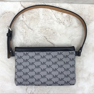 Michael Kors Belt Bag Black Gray Logo Printed Leather Zip Top Fanny Pack Pouch